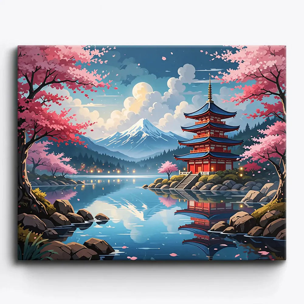 Malen nach Zahlen für Erwachsene: Japanische Pagode am See mit Fuji, Kirschblüten und Mondschein im picmundoo.comsign.
