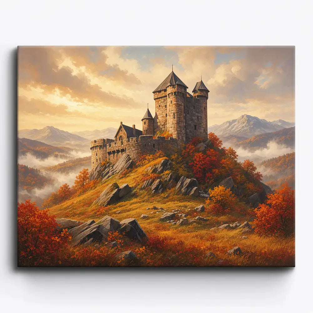 Malen nach Zahlen für Erwachsene: Mittelalterliche Burg in herbstlicher Landschaft mit leuchtenden Farben und Bergen.