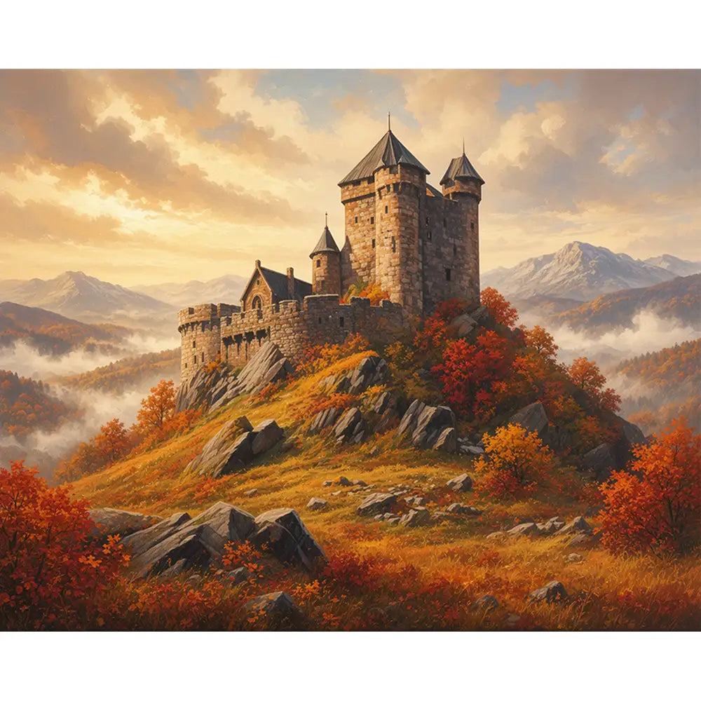 Malen nach Zahlen für Erwachsene Motiv Goldener Herbstzauber mit Burg auf Felsen in leuchtenden Herbstfarben