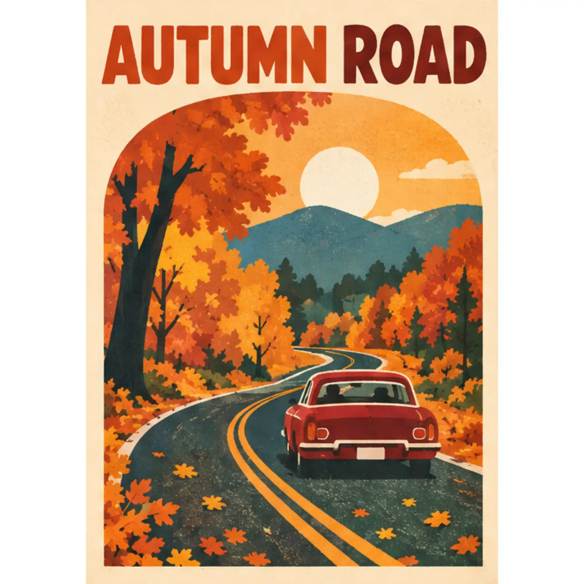 Malen nach Zahlen Autumn Road: Roter Oldtimer auf kurviger Landstraße durch Herbstwald bei Sonnenuntergang