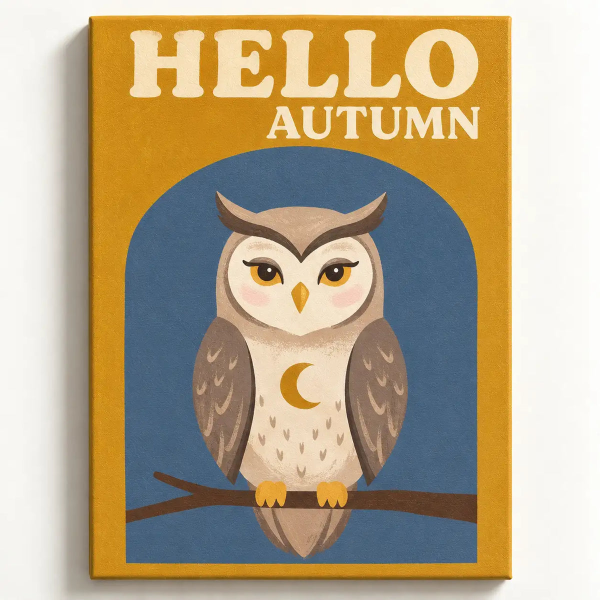 Malen nach Zahlen Eule mit goldenem Halbmond auf Ast, blauer Bogen, ockergelber Rahmen und Schriftzug Hello Autumn