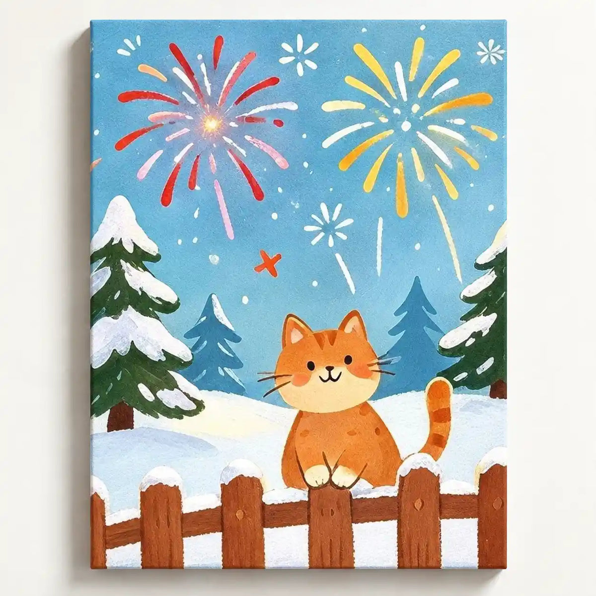 Malen nach Zahlen: Orangefarbene Katze am verschneiten Holzzaun, bunte Silvester-Feuerwerke und Tannen am blauen Himmel