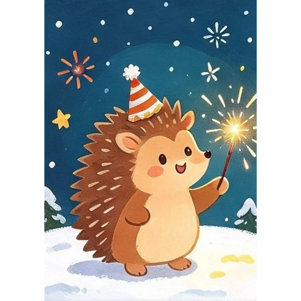Malen nach Zahlen: Fröhlicher Igel mit Partyhütchen hält Wunderkerze im verschneiten Winter unter sternenklarem Nachthimmel
