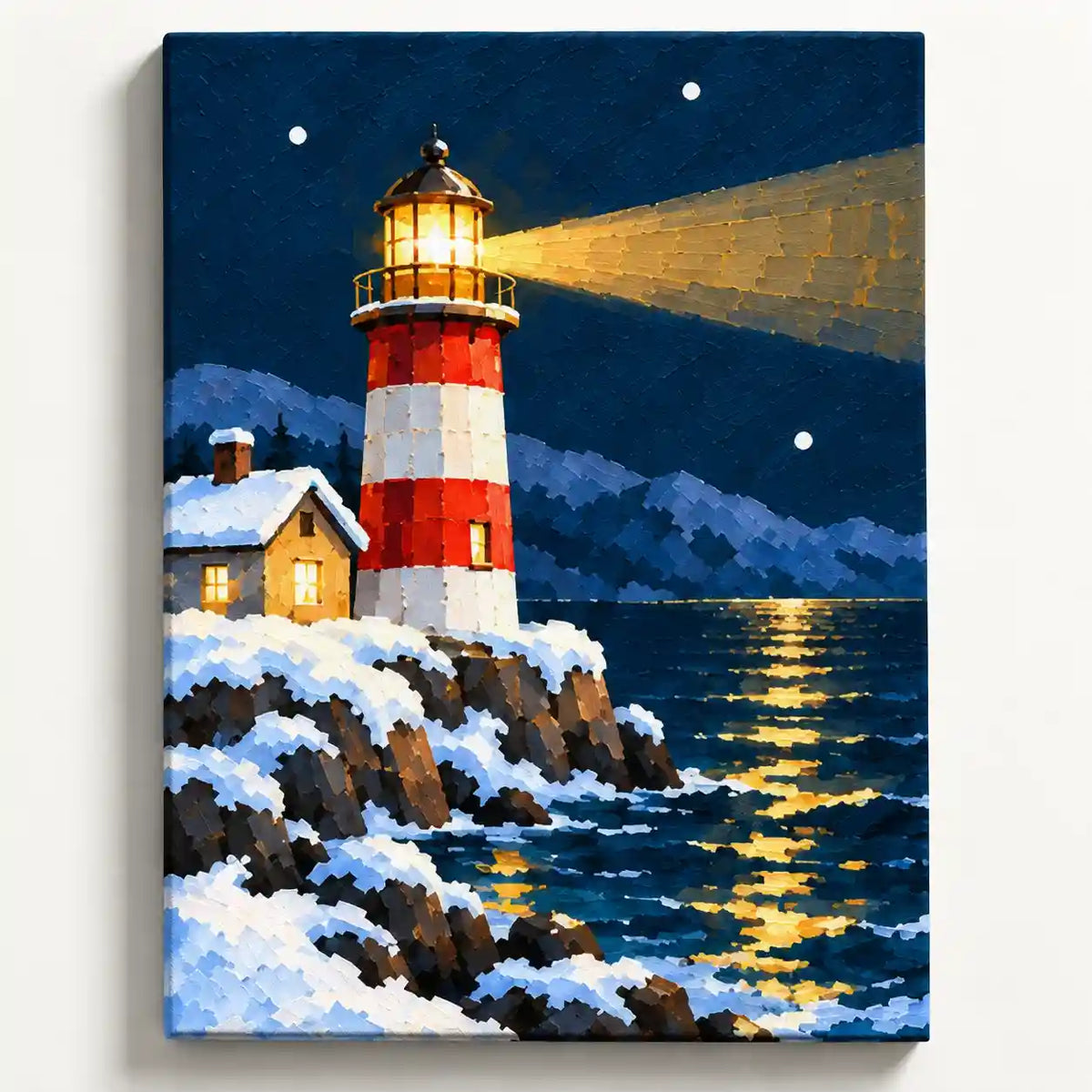 Malen nach Zahlen Erwachsene: rot-weißer Leuchtturm auf verschneiter Klippe mit goldenem Lichtstrahl über dunkelblauem Meer
