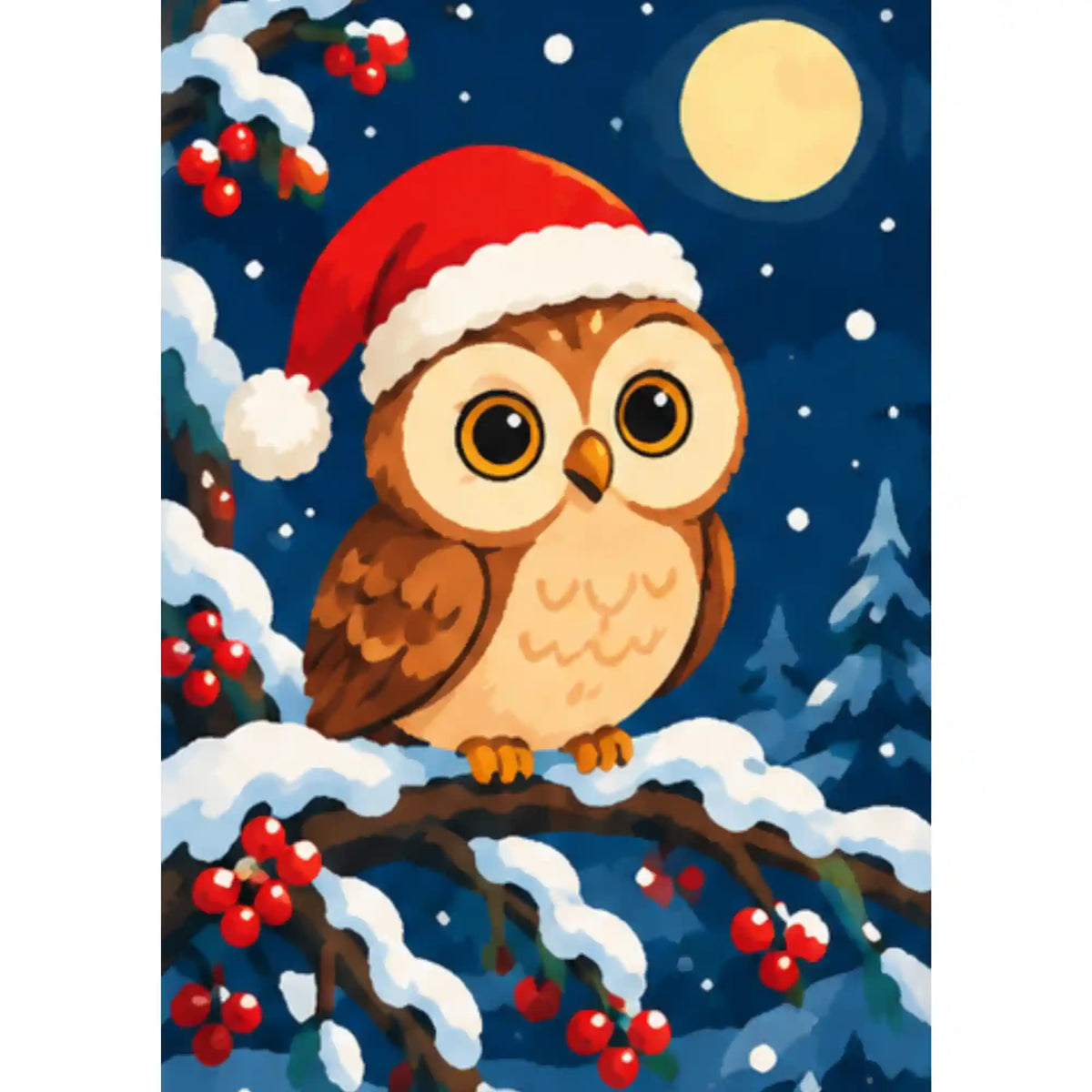 Malen nach Zahlen Eule mit Weihnachtsmütze auf verschneitem Ast, Vollmond, rote Beeren und Schneeflocken im Winterwald