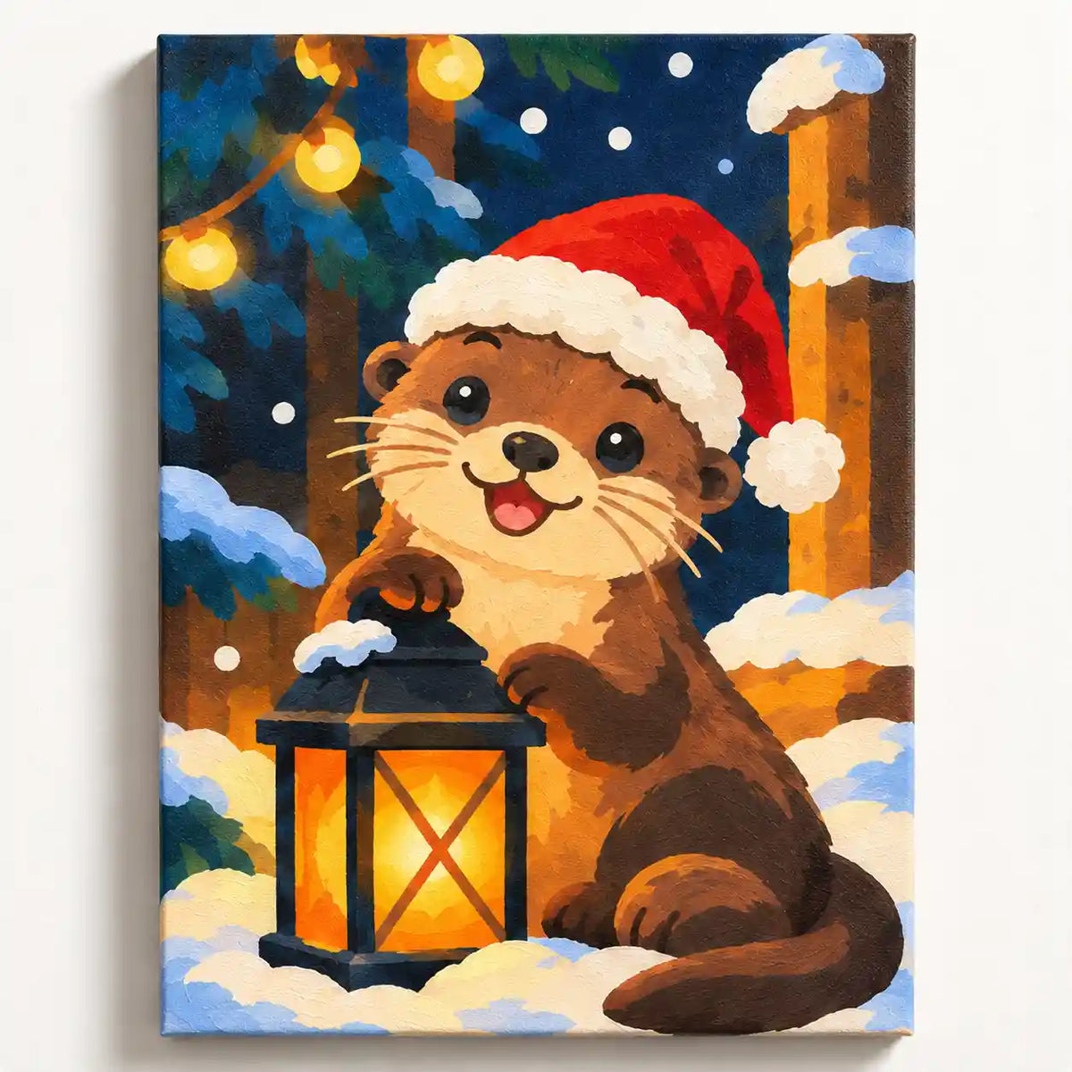 Malen nach Zahlen: Otter mit Weihnachtsmütze und leuchtender Laterne im Schnee, Winterwald in Blau und Gold