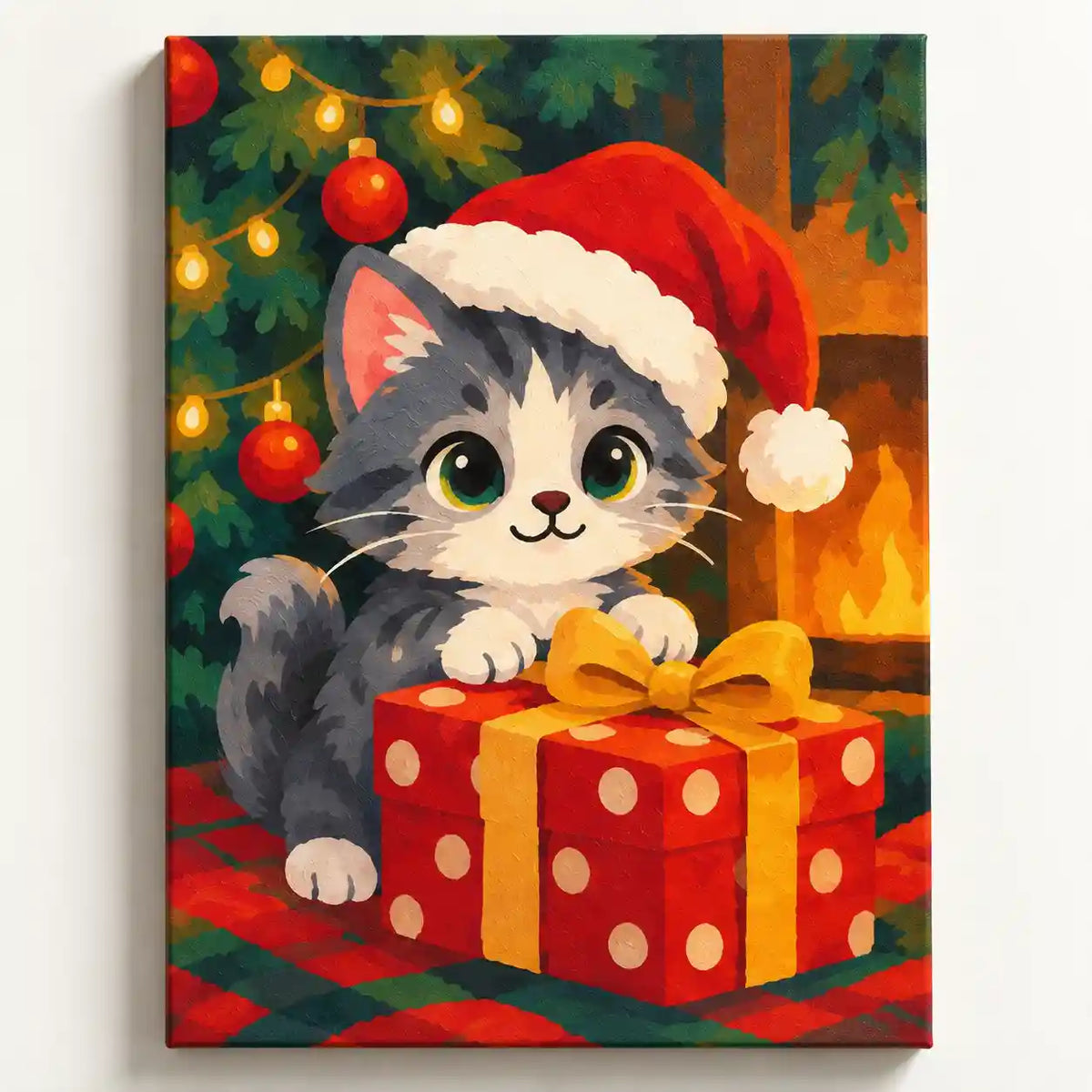 Malen nach Zahlen Kätzchen mit Weihnachtsmütze und rot gepunktetem Geschenk vor Kamin und Tannenbaum auf Leinwand