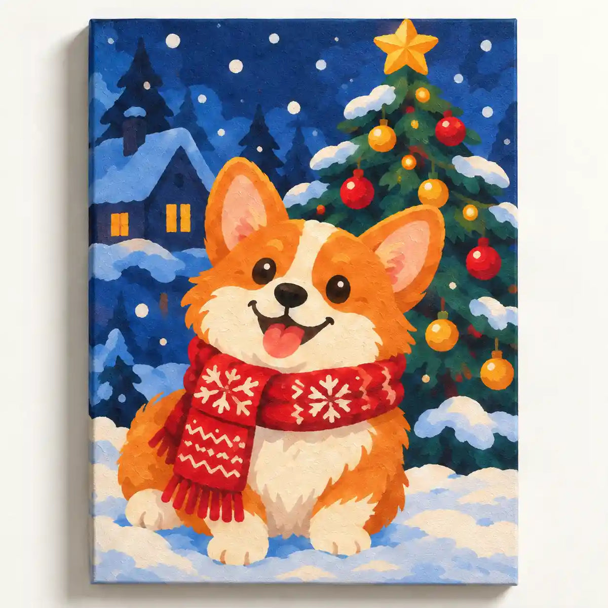 Malen nach Zahlen: Corgi mit rotem Schneeflockenschal im Schnee vor geschmücktem Weihnachtsbaum und verschneitem Haus