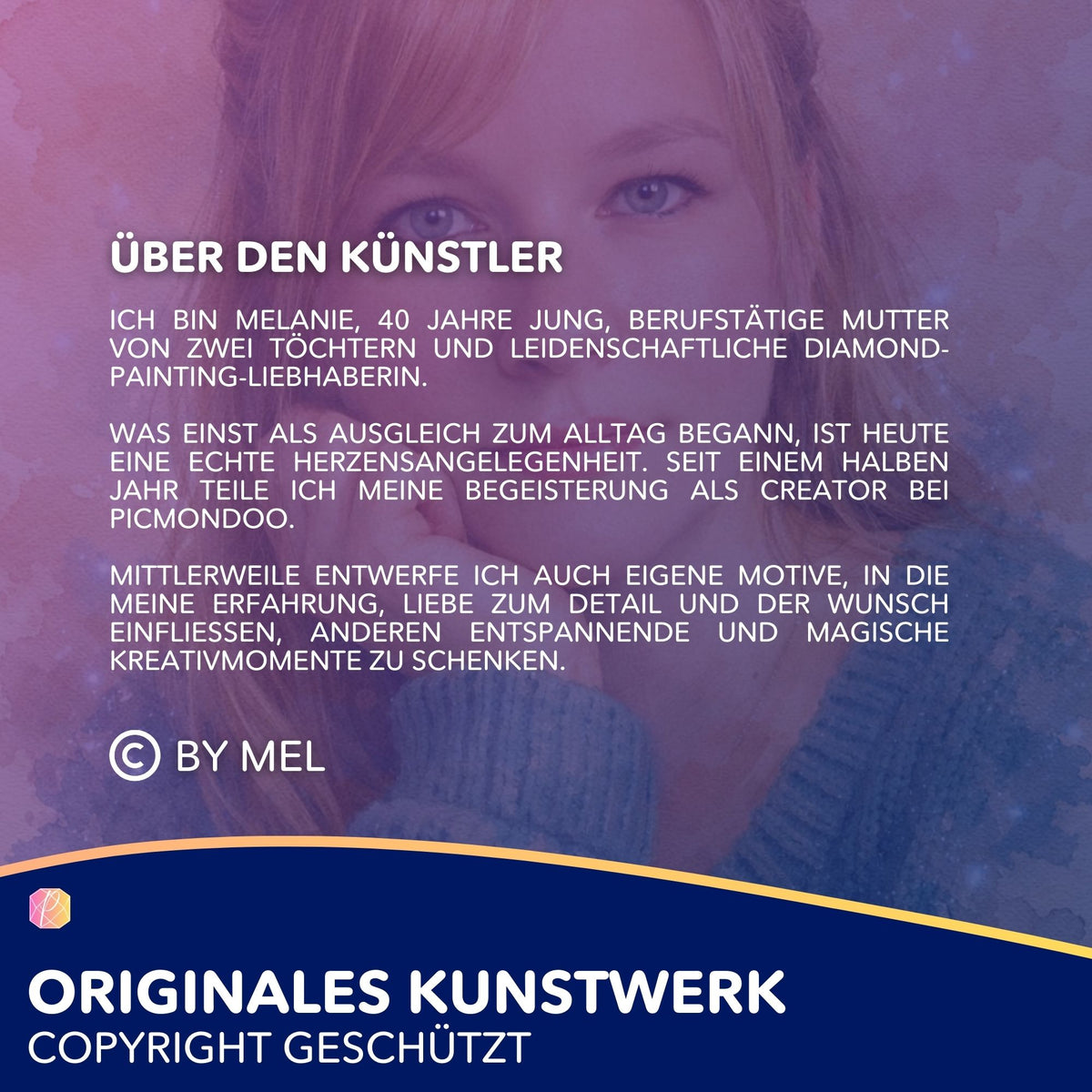 Künstlervorstellung für Diamond Painting Set Elara mit Porträt einer Frau als kreatives DIY-Kunstwerk