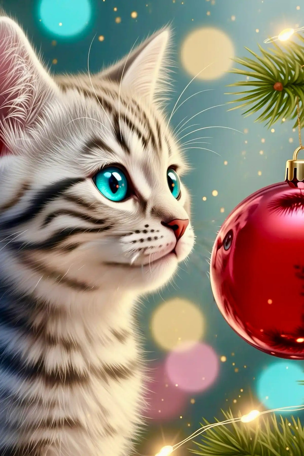 Diamond Painting Set Minka: Süße Katze mit blauen Augen und roter Weihnachtskugel als glänzendes DIY-Projekt zu Weihnachten.