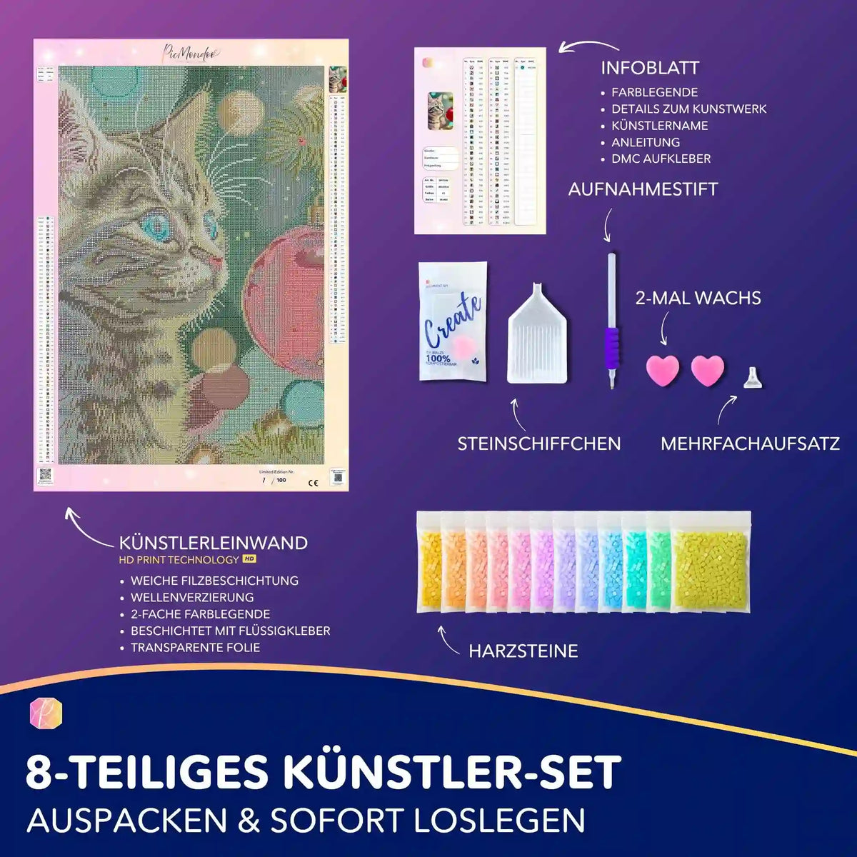 Diamond Painting Set Minka Katze mit weihnachtlicher Dekoration: 8-teiliges Komplettset mit Leinwand und Harzsteinen.