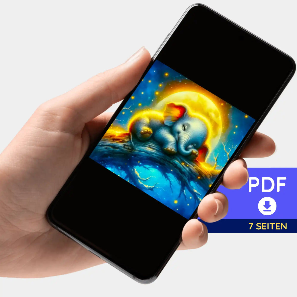 Digitale PDF-Bildmappe zur Vorlage für Diamond Painting oder Malen nach Zahlen mit Motiv Mondschein Elefant auf Smartphone