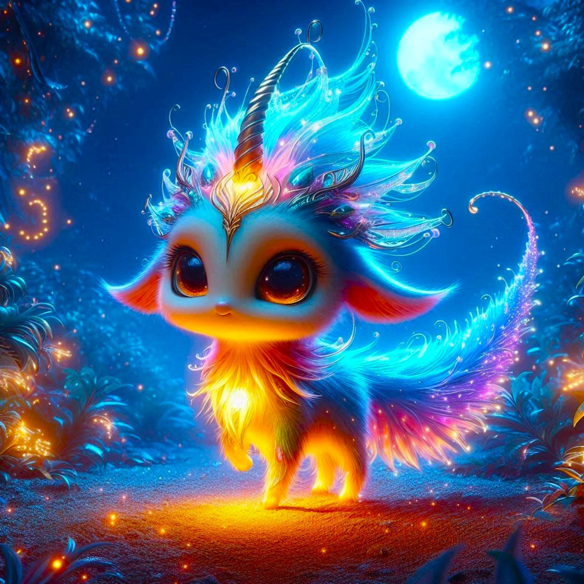 Diamond Painting Mondscheintanz: Buntes Fantasy-Fabelwesen mit Glitzersteinen leuchtet magisch im Mondschein.