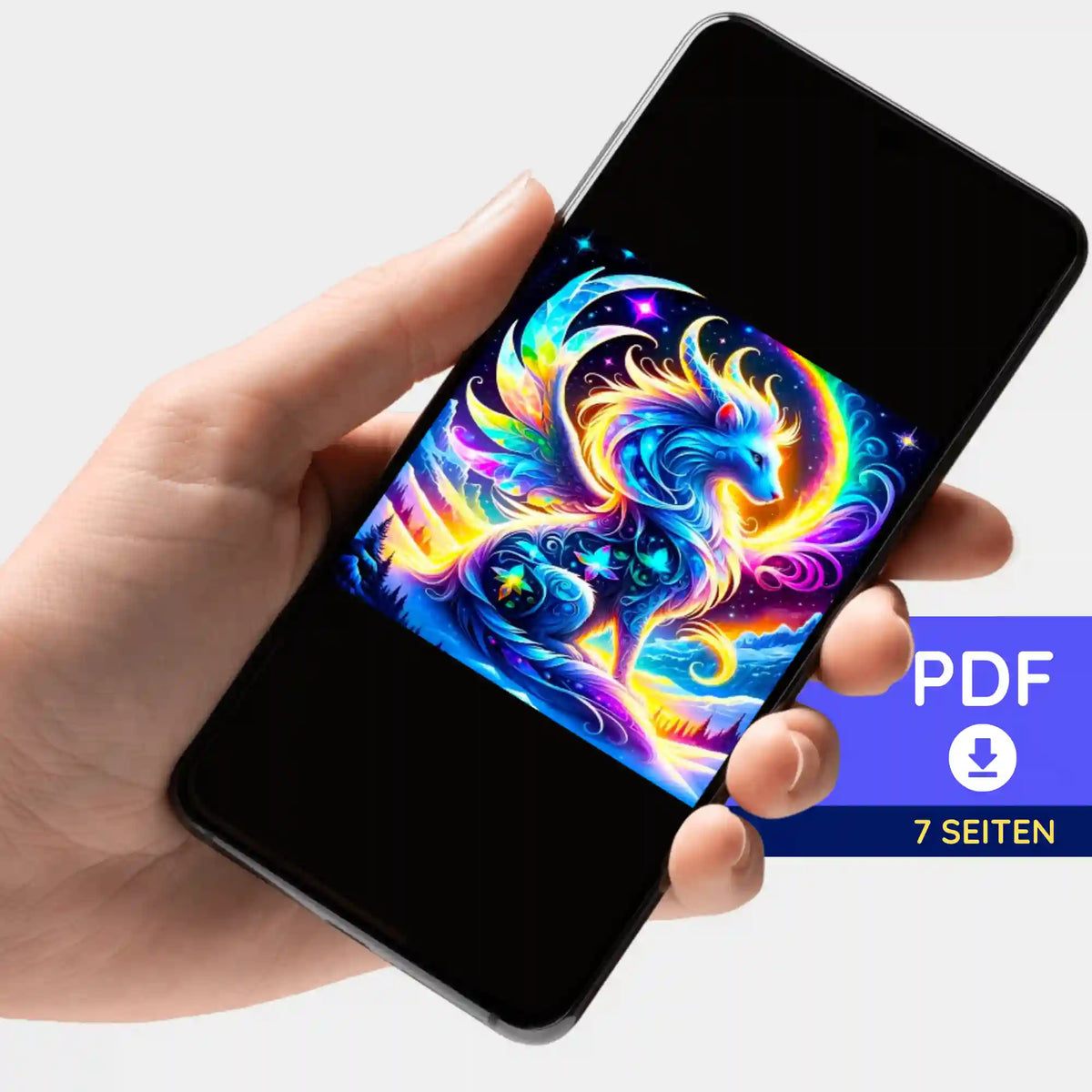 Digitale PDF-Bildmappe zum Diamond Painting Motiv Monja Hüterin der Berge auf einem Smartphone angezeigt