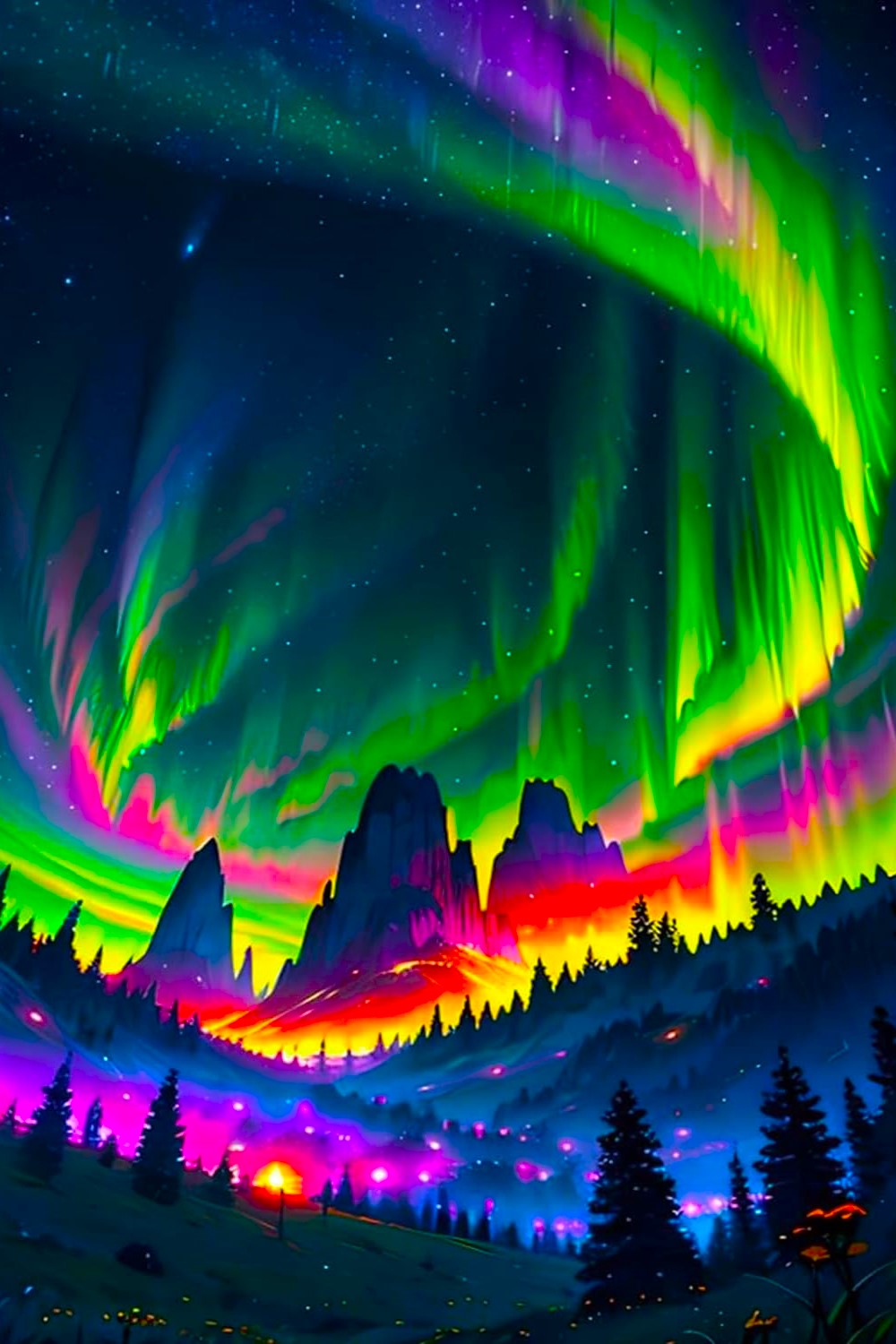 Diamond Painting Set mit buntem Nachthimmel, Polarlichtern und Berglandschaft in leuchtenden Farben