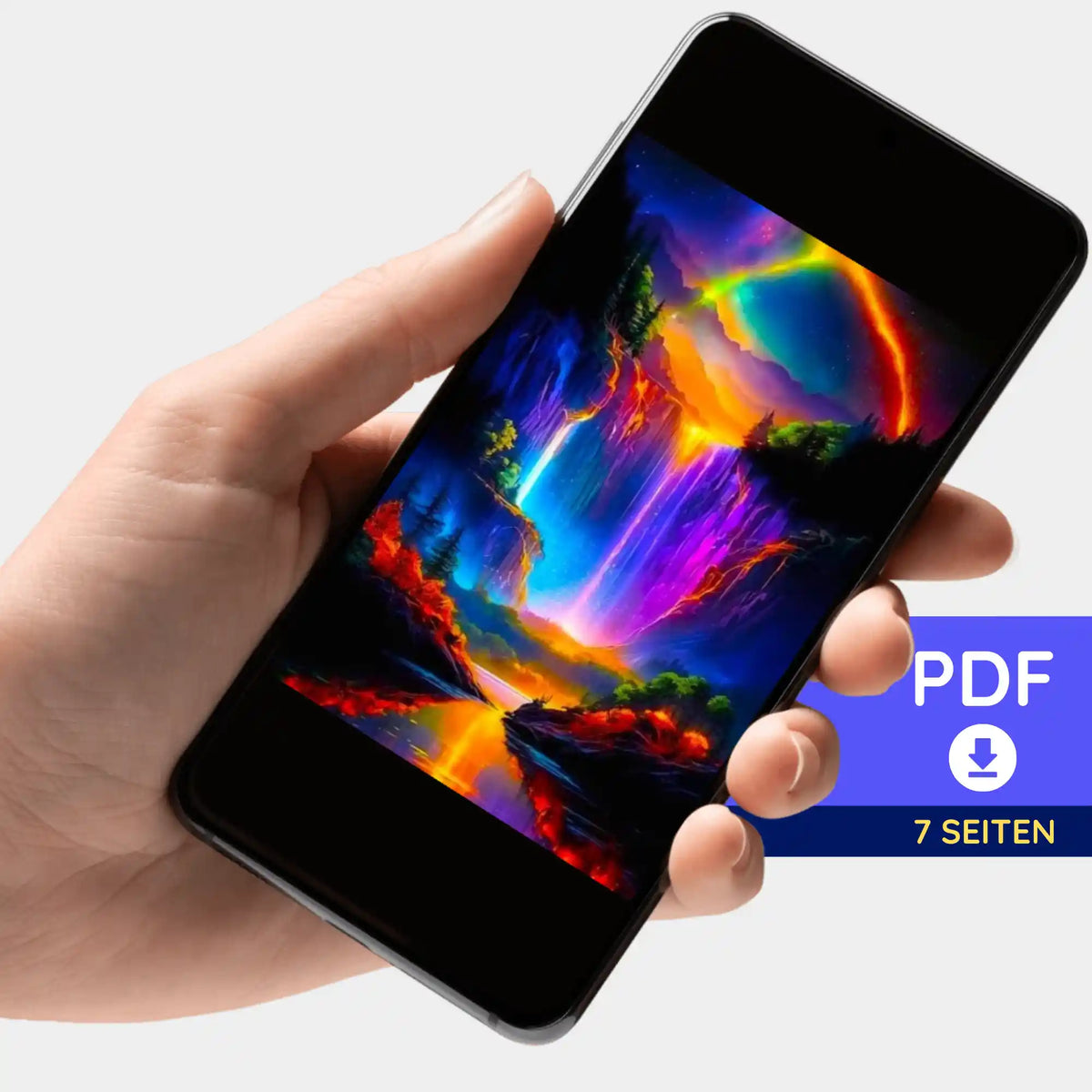 Digitale PDF-Bildmappe für Diamond Painting oder Malen nach Zahlen mit buntem Wasserfall-Motiv auf Smartphone