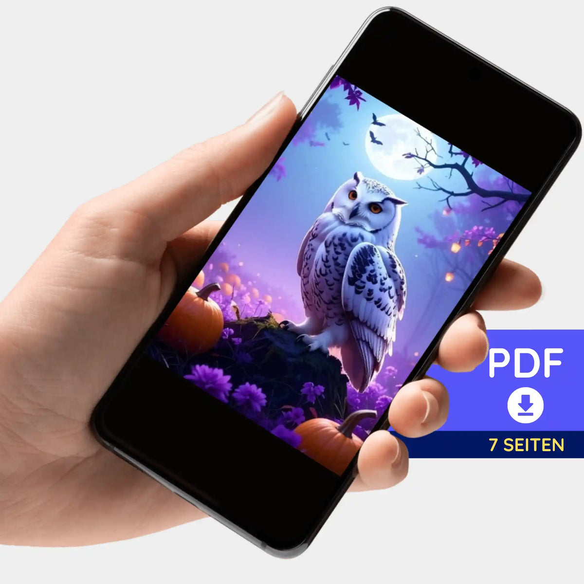 Smartphone mit digitaler 7-Seiten PDF Bildmappe Eule für Diamond Painting und Malen nach Zahlen Nachtwächter Motiv