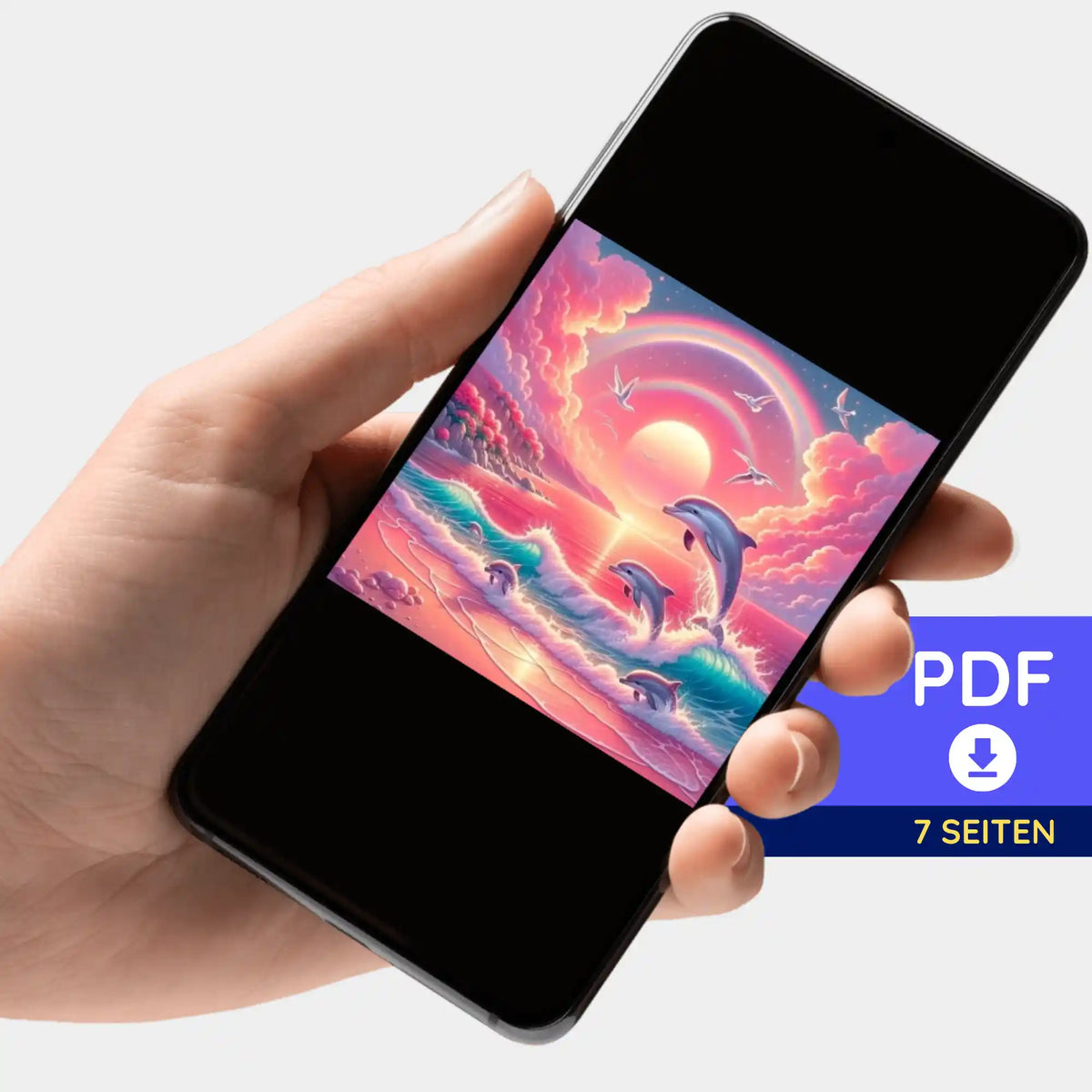 Digitale Picmondoo Bildmappe als PDF für Diamond Painting mit pinkem Meeresrauschen Motiv und spielenden Delfinen