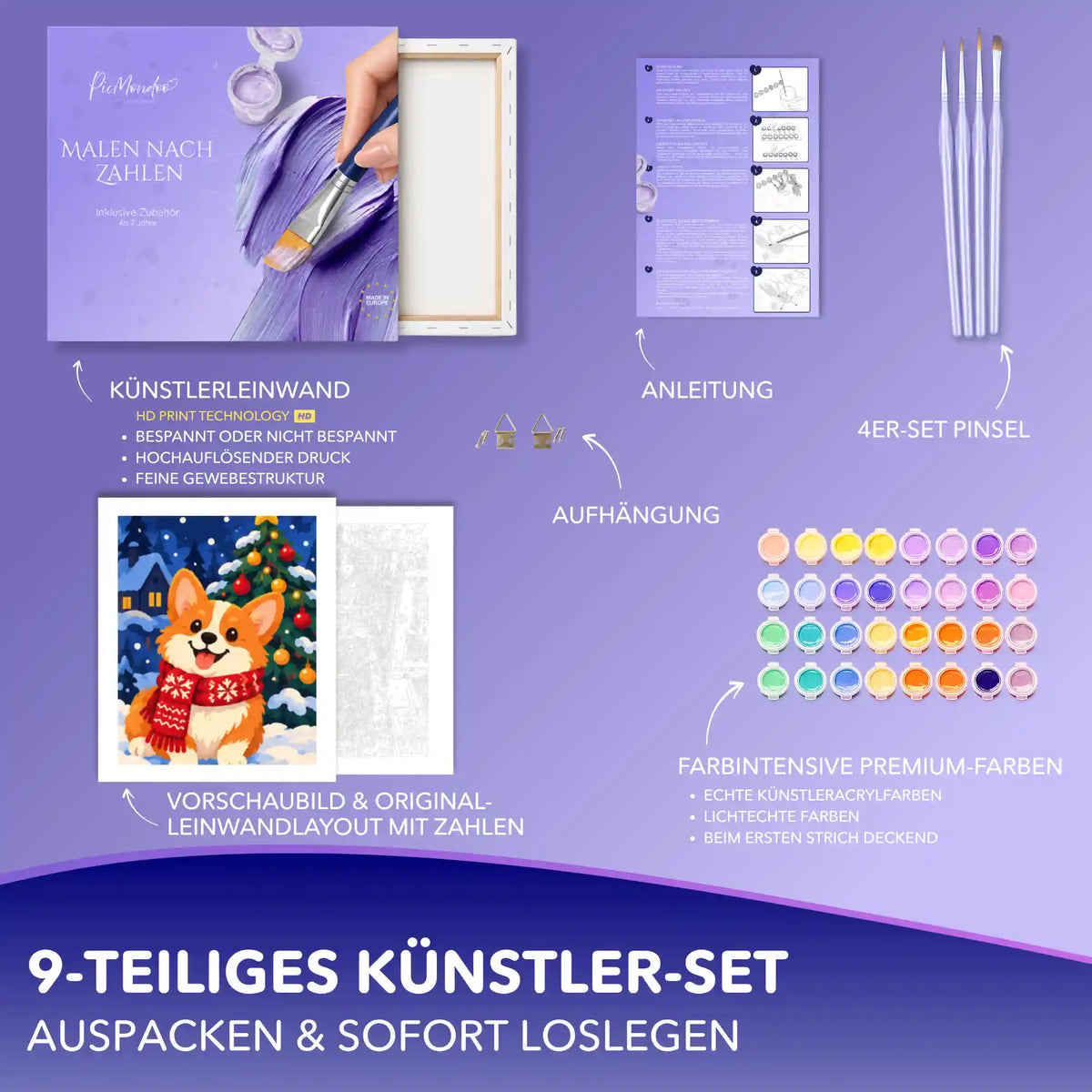 Malen nach Zahlen Set Hund mit rotem Schal vor Weihnachtsbaum: Leinwand, Acrylfarben, Pinsel, Anleitung und Aufhängung