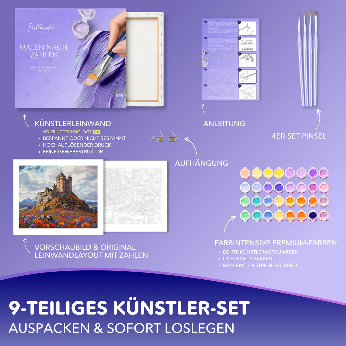 Malen nach Zahlen Set Burg im Blütenmeer mit Leinwand, Acrylfarben, Pinseln und Anleitung von Picmondoo