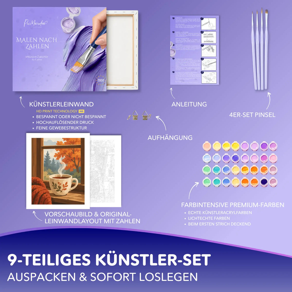 Malen nach Zahlen Set Stille am Fenster: Teetasse, Herbstbäume, Leinwand, Acrylfarben, 4 Pinsel und Anleitung