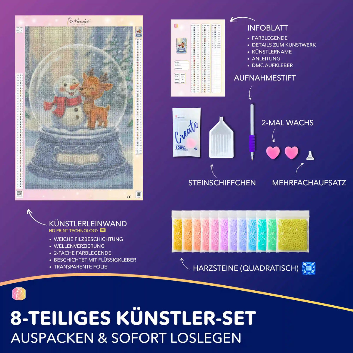 Diamond Painting Set Best Friends mit Schneemann und Rentier in Schneekugel, inkl. Zubehör und quadratischen Steinen