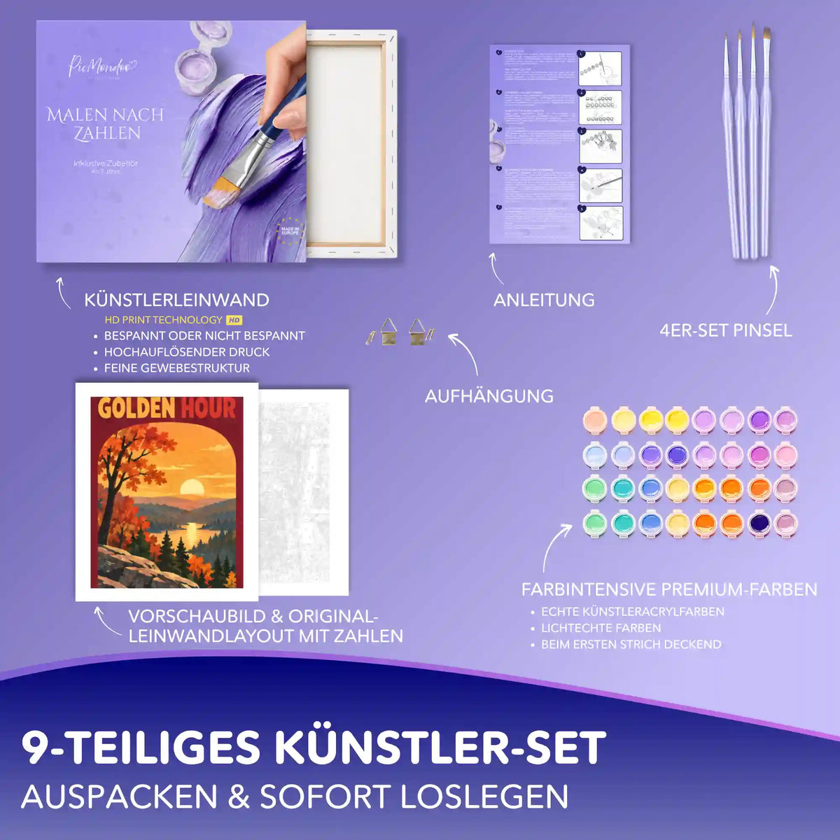 Malen nach Zahlen Set Golden Hour mit Leinwand, 4 Pinseln, Acrylfarben, Anleitung und Herbstlandschaft bei Sonnenuntergang