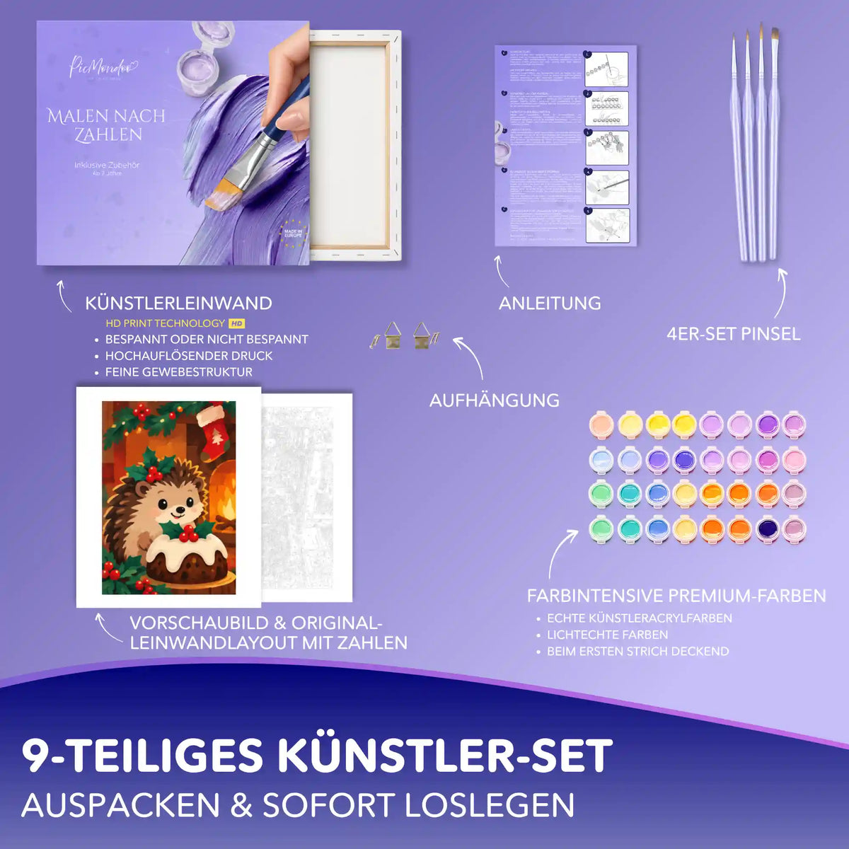 Malen nach Zahlen Set mit Weihnachts-Igel am Kamin: Leinwand, Acrylfarben, 4 Pinsel, Anleitung und Aufhängung