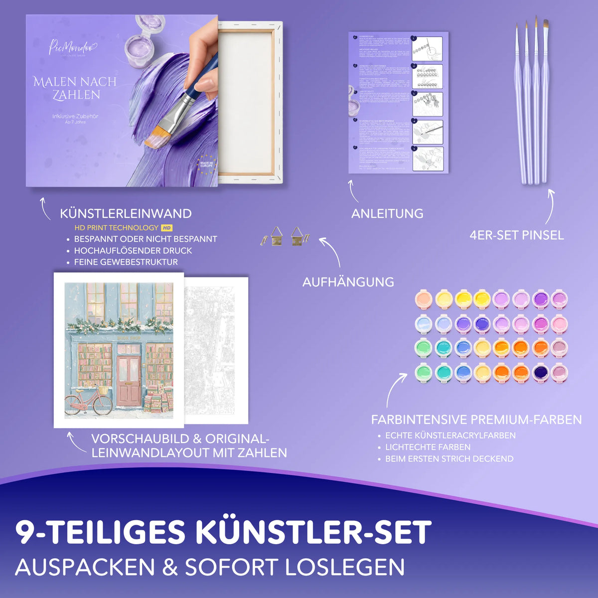 Malen nach Zahlen Set Wintergeschichten mit Leinwand, Acrylfarben und Pinseln für kreative Erwachsene