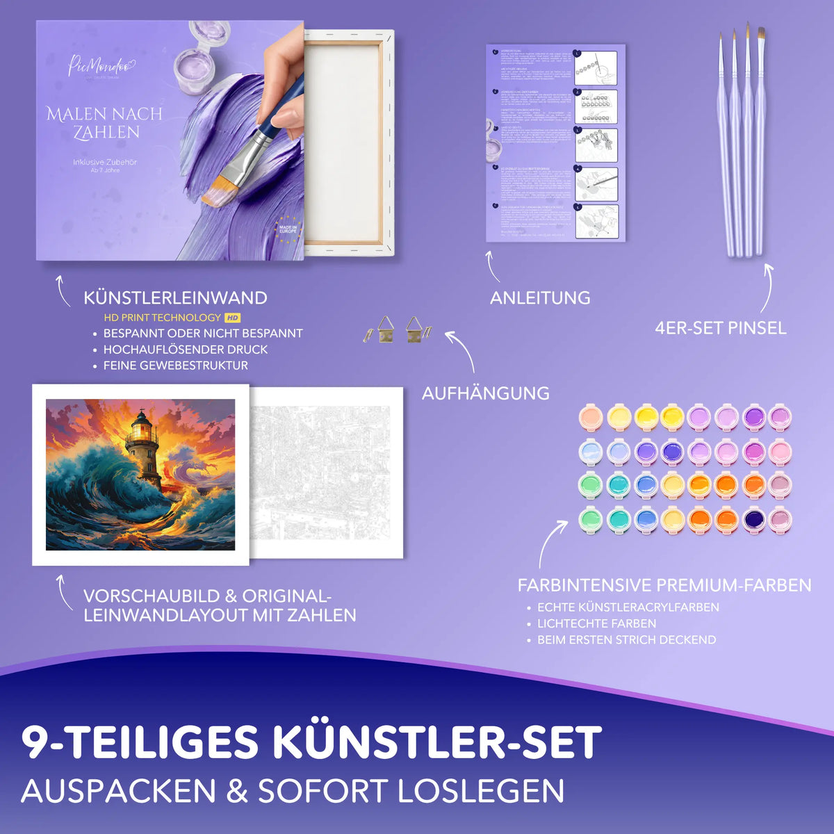 Picmondoo Malen nach Zahlen Set Licht im Sturm mit Leinwand, Acrylfarben, Pinseln und Anleitung für Erwachsene