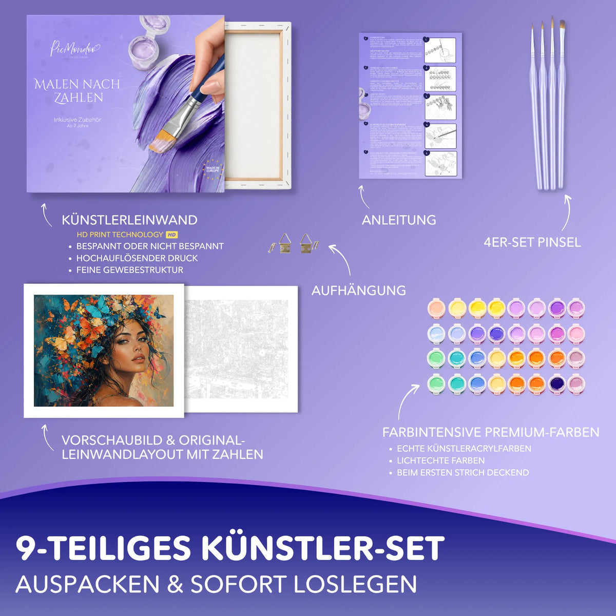 Picmondoo Malen nach Zahlen Set Metamorphose mit Leinwand, Acrylfarben, Pinseln und Anleitung für Erwachsene