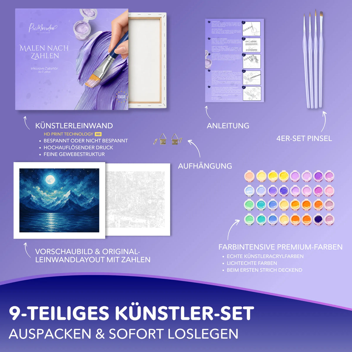 Malen nach Zahlen Set Unter demselben Mond mit Leinwand, Acrylfarben und Pinseln für kreative Erwachsene
