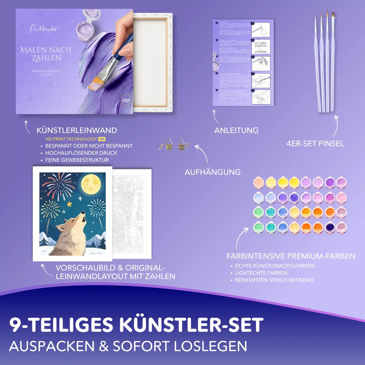 Malen nach Zahlen Set Ruf zum Mond mit Wolf-Motiv, Leinwand, 4 Pinseln, Acrylfarben, Anleitung und Aufhängung