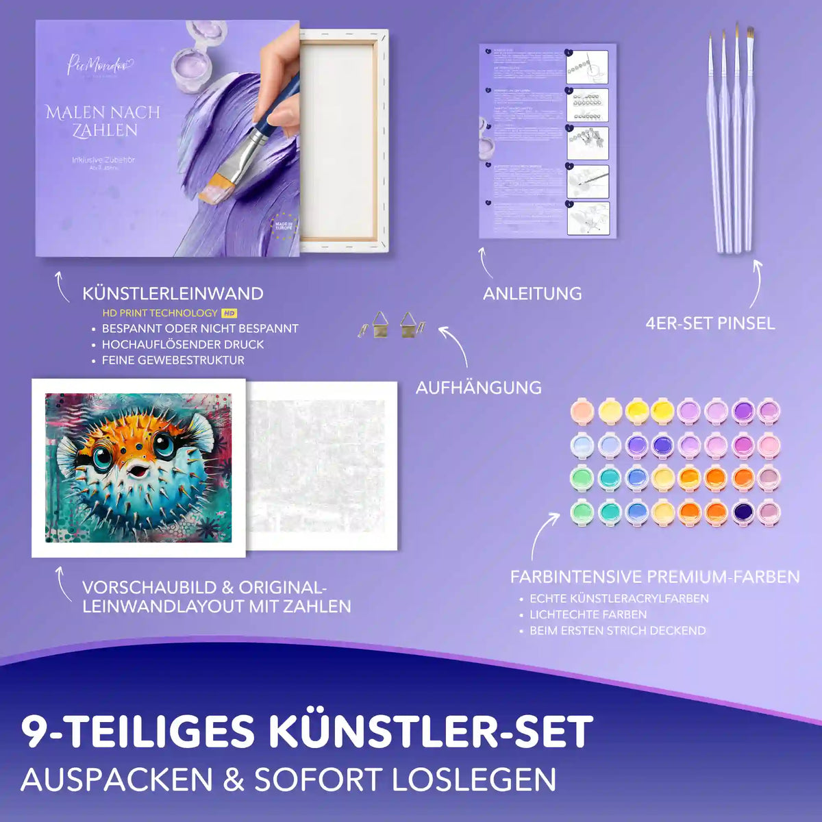 Malen nach Zahlen Erwachsene Set: Bunter Kugelfisch mit Leinwand, Acrylfarben und Pinseln