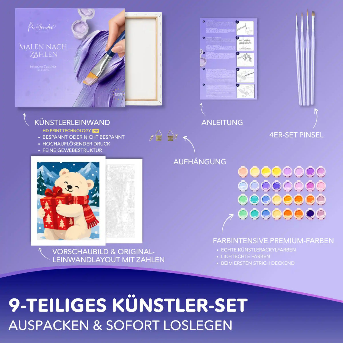 Malen nach Zahlen Set mit Eisbär-Motiv: Leinwand, Acrylfarben, 4 Pinsel, Anleitung und Aufhängung – 9-teiliges Künstler-Set