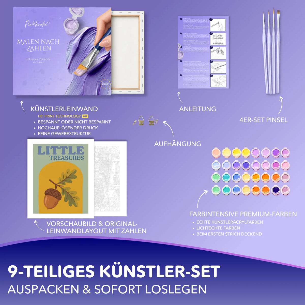Malen nach Zahlen Set Little Treasures mit Eichel-Motiv, Leinwand, Acrylfarben, 4 Pinseln, Anleitung und Aufhängung