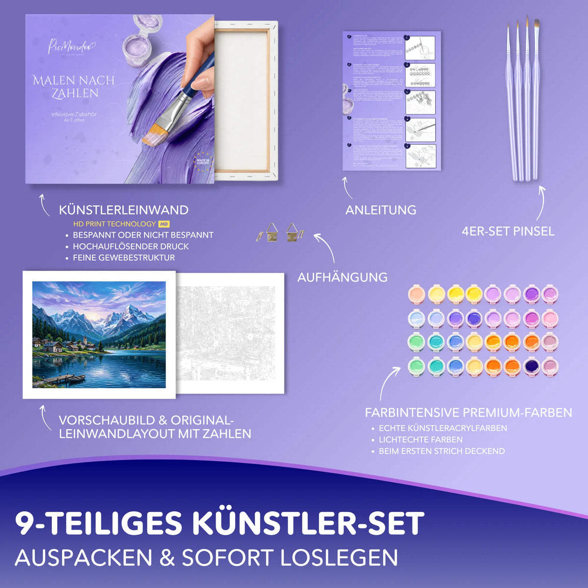 Malen nach Zahlen Set Am Fuß der Berge von Picmondoo mit Leinwand, Acrylfarben und Pinseln für Erwachsene und Kinder.