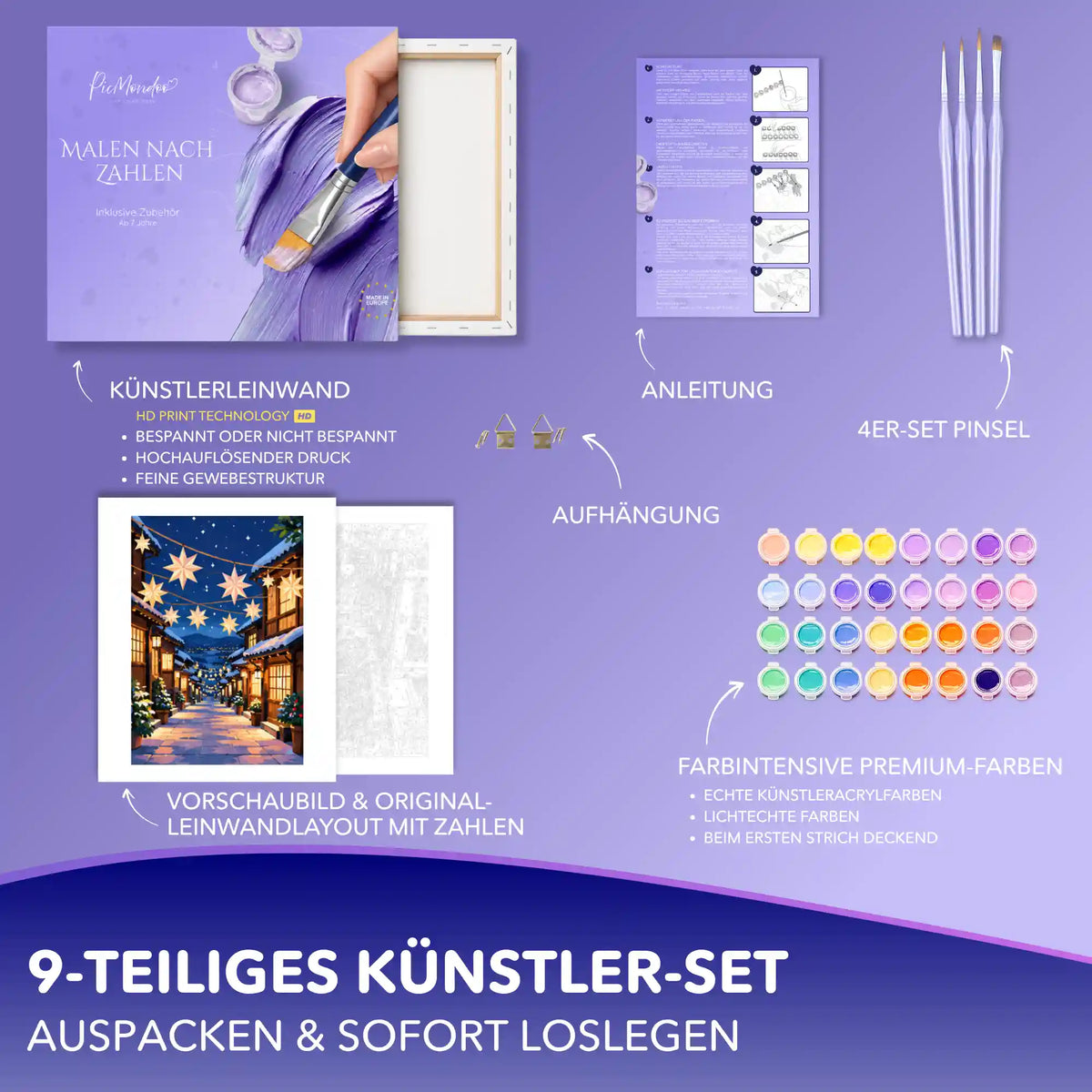 Malen nach Zahlen Set mit Leinwand, Acrylfarben, 4 Pinseln und Anleitung – Motiv verschneite Gasse unter Sternenhimmel