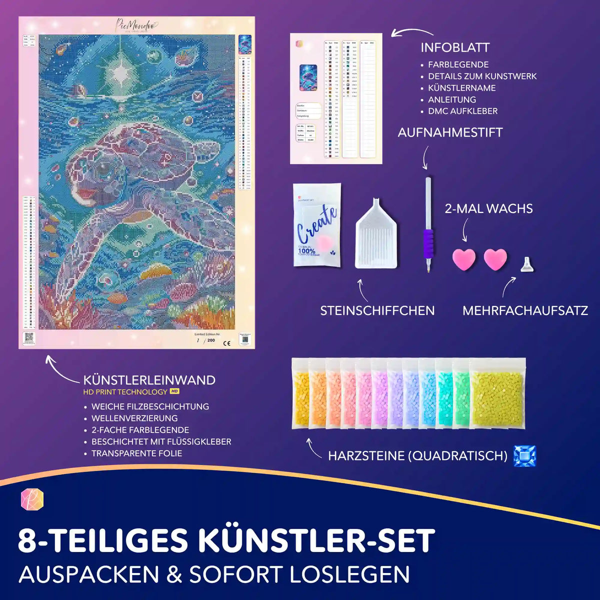 Diamond Painting Set Sternenschildi: Schildkröten-Leinwand, quadratische Harzsteine und 8-teiliges DIY-Zubehör.