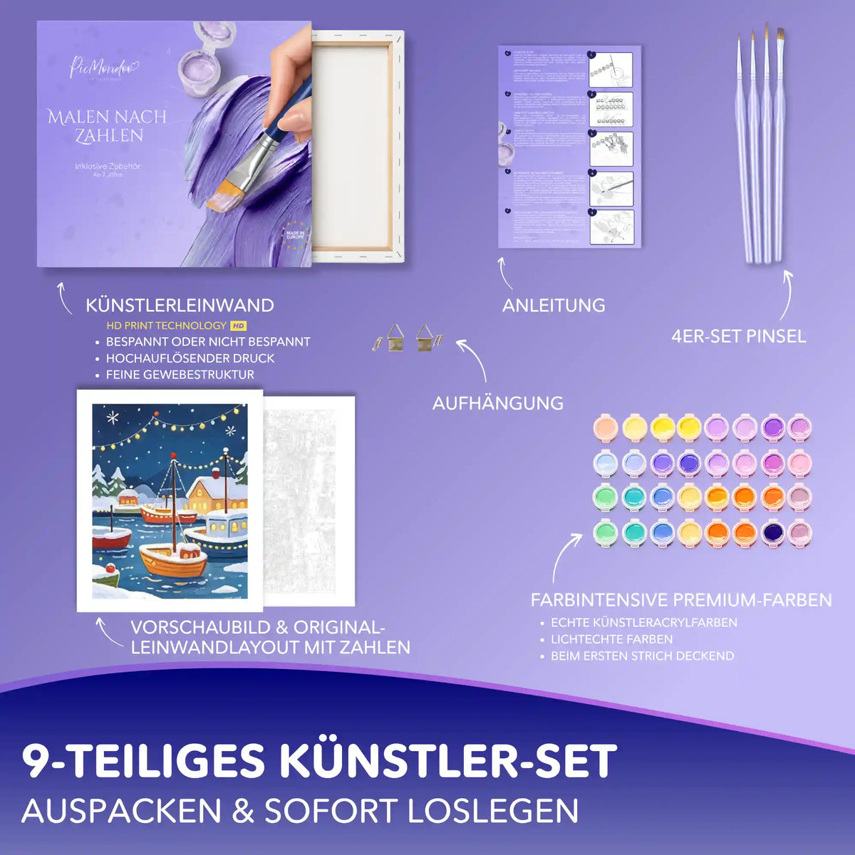 Malen nach Zahlen Set Lichter im Hafen mit Leinwand, 32 Acrylfarben, 4 Pinseln, Anleitung und verschneitem Hafenmotiv