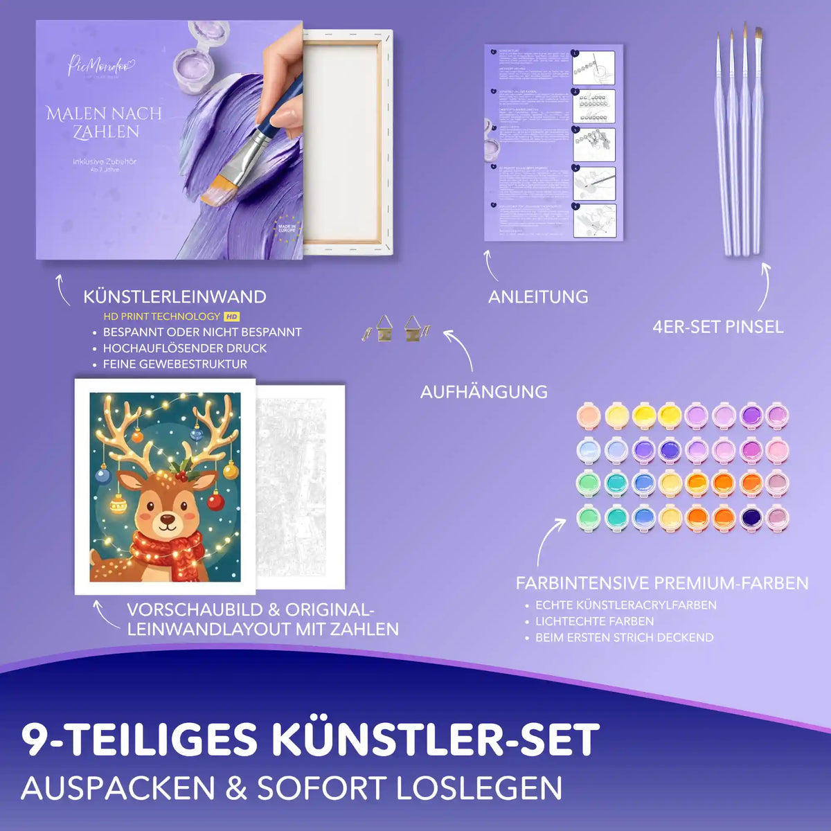 Malen nach Zahlen Set Rentier mit rotem Schal: Leinwand, 4 Pinsel, Acrylfarben, Anleitung und Aufhängung für Erwachsene