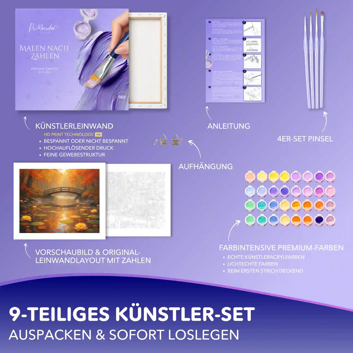 Malen nach Zahlen Erwachsene Set Herbstliche Wasserruhe mit Leinwand, Acrylfarben und Pinseln.