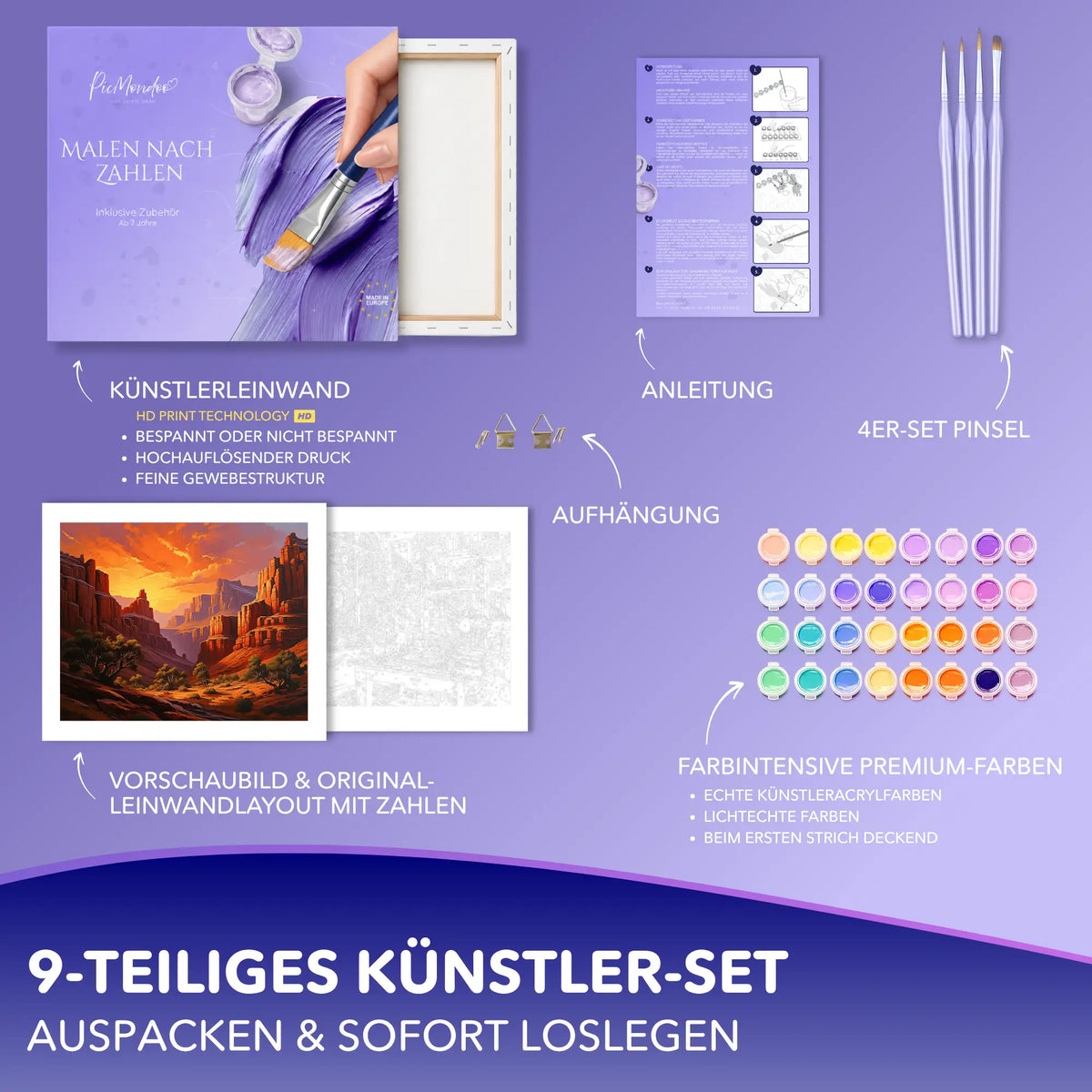 Picmondoo Malen nach Zahlen Set Flammender Canyon mit Leinwand, Acrylfarben, Pinseln und Anleitung für Erwachsene
