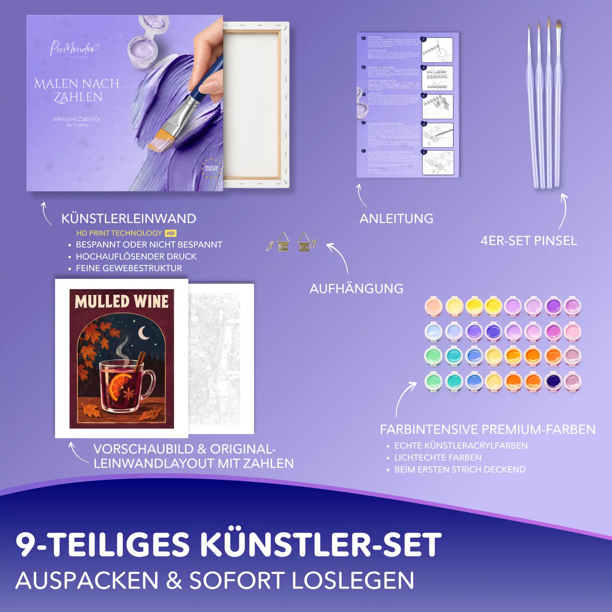 Malen nach Zahlen Set Mulled Wine: Leinwand, Acrylfarben, 4 Pinsel, Anleitung und Aufhängung im 9-teiligen Künstler-Set