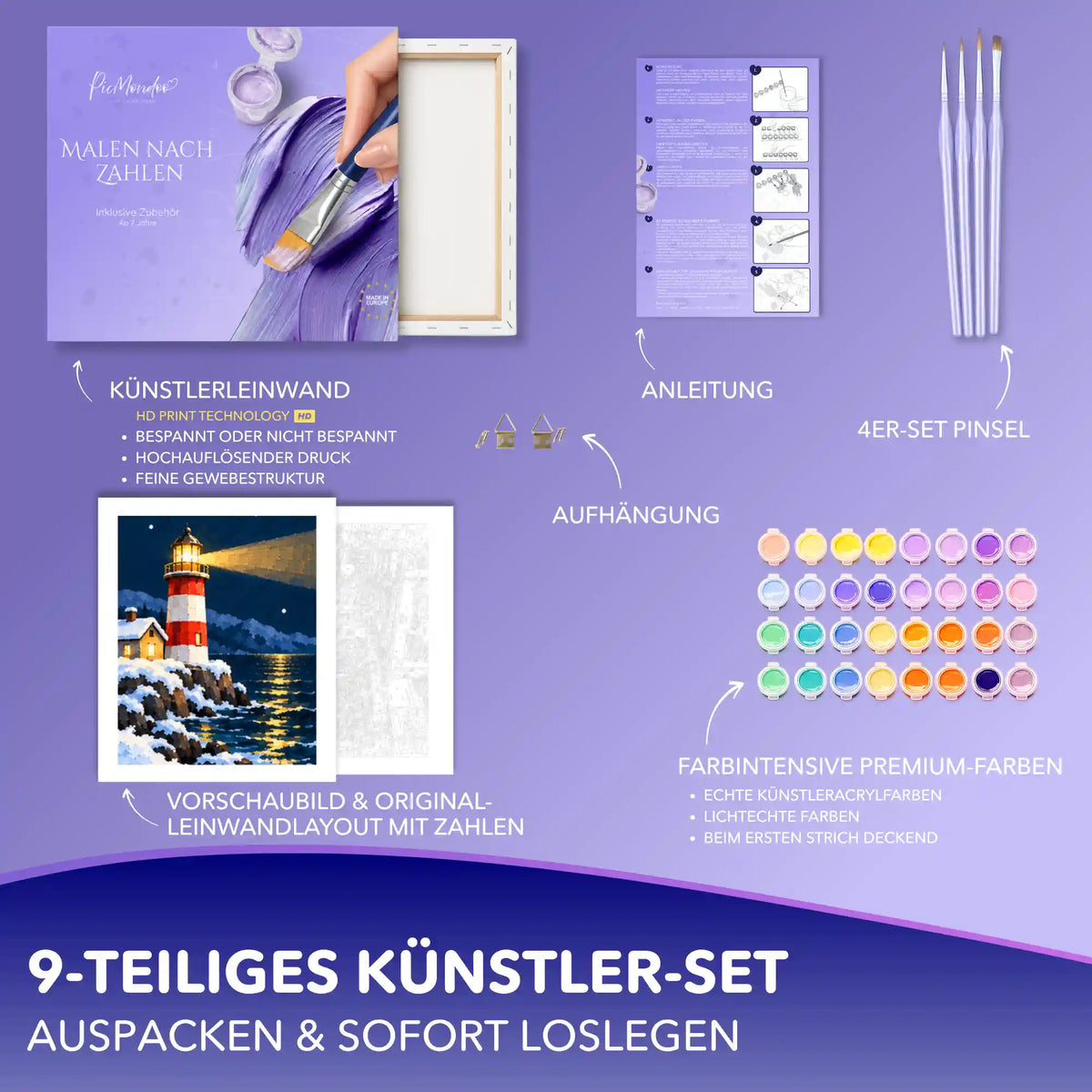 Malen nach Zahlen Set Leuchtturm im Winter mit Leinwand, 32 Acrylfarben, Pinseln, Anleitung und Aufhängung