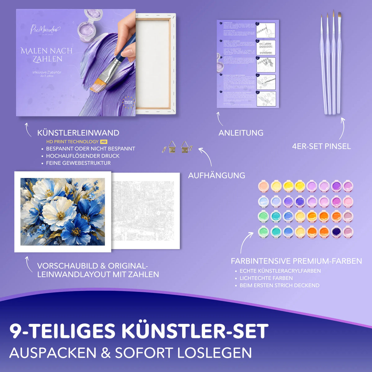 Malen nach Zahlen Set Blüten aus Saphir: Komplettes DIY-Künstler-Set mit Leinwand, Acrylfarben und Pinseln für Erwachsene.