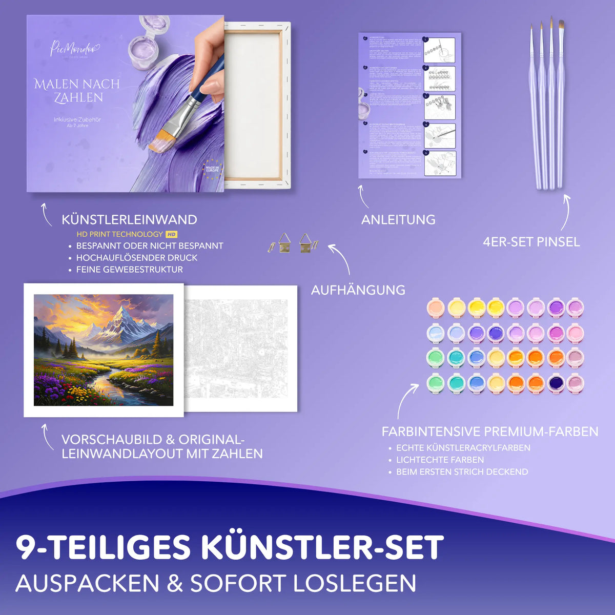 Malen nach Zahlen Set Blütenmeer im Tal mit Leinwand, Acrylfarben, Pinsel und Anleitung von Picmondoo