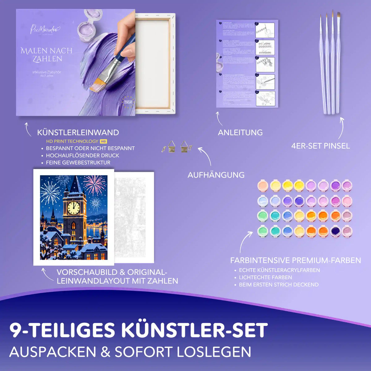 Malen nach Zahlen Set Festlicher Nachthimmel mit Uhrturm-Motiv, Leinwand, Acrylfarben, Pinseln und Anleitung