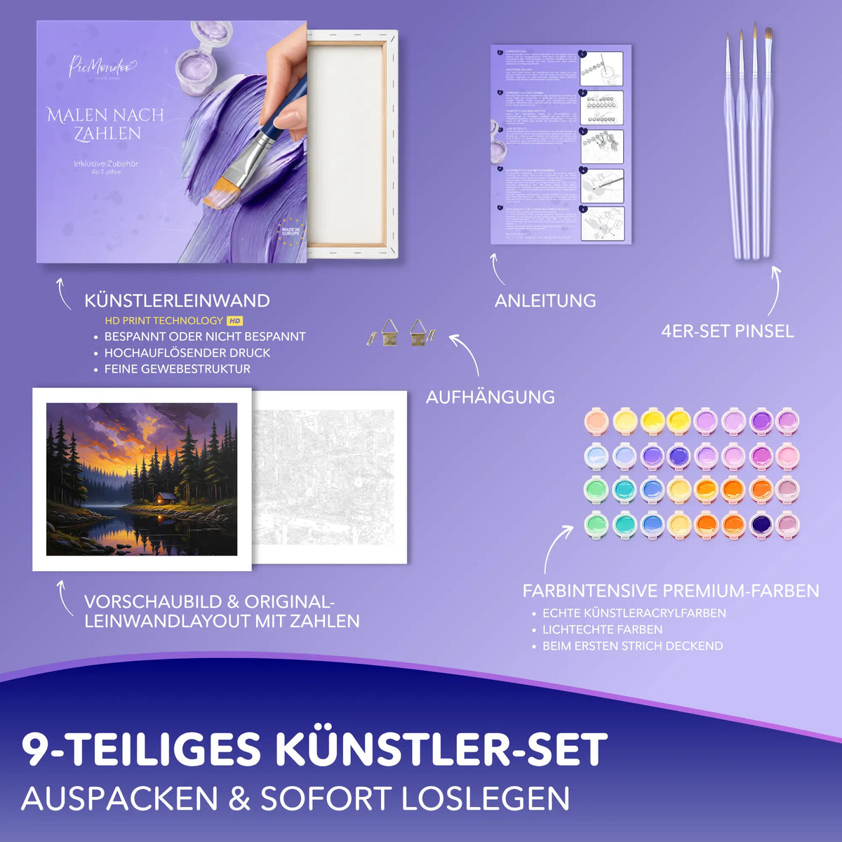 Picmondoo Malen nach Zahlen Set Stille am Waldsee mit Leinwand, Acrylfarben, Pinseln und Anleitung für Erwachsene.