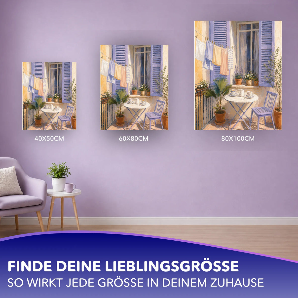 Malen nach Zahlen für Erwachsene: Morgenlicht in Lavendel in verschiedenen Größen an einer Wand präsentiert.